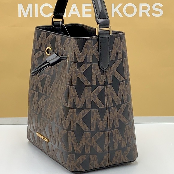 MICHAEL KORS SURI MEDIUM BUCKET MESSENGER BAG BROWN/BLACK SIGNATURE - Picture 3 of 16